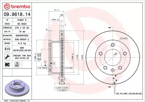 Brake Disc BREMBO 09.9618.14)