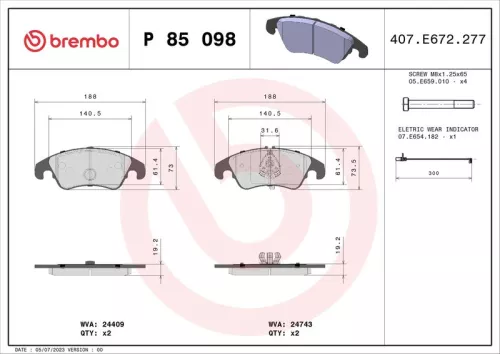 Brake Pad Set, disc brake BREMBO P 85 098)
